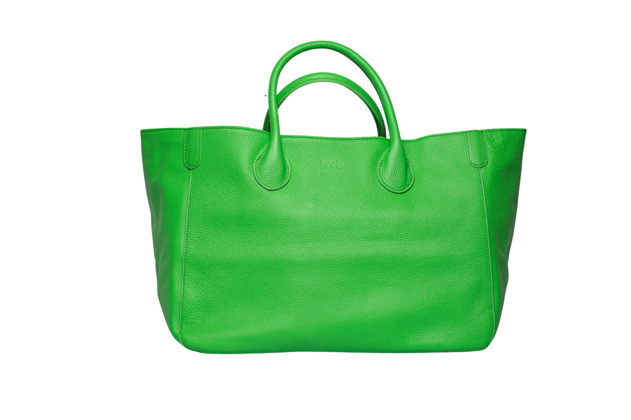 Beck Bright Green Pebbled Leather Open Top Rolled Handles Tote Bag
